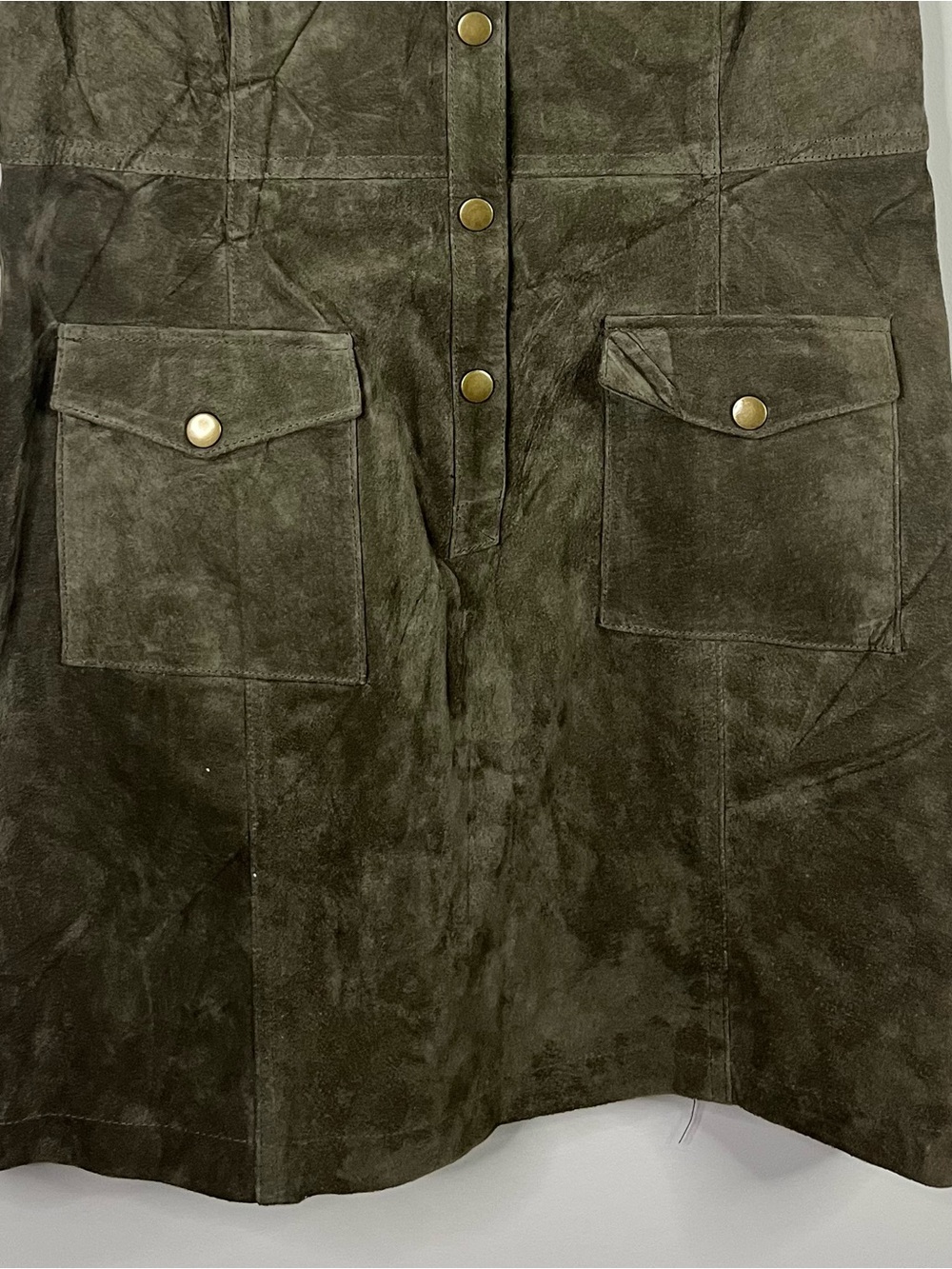 Pilcro Anthropologie Olive Green 100% Suede Leather Sleeveless Mini Dress Size 8 - Picture 6 of 13